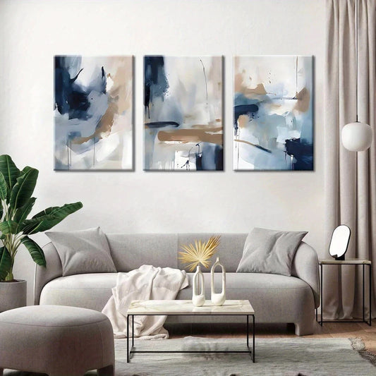 3pcs Navy Blue And Brown Abstract Watercolor Metal Print Ready to Hang Art