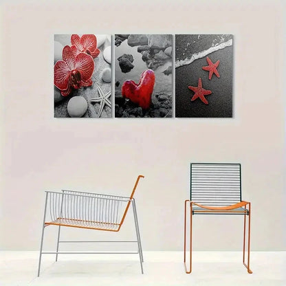 3pcs Beach Themed Red Starfish Heart and Orchid Metal Print Ready to Hang Art