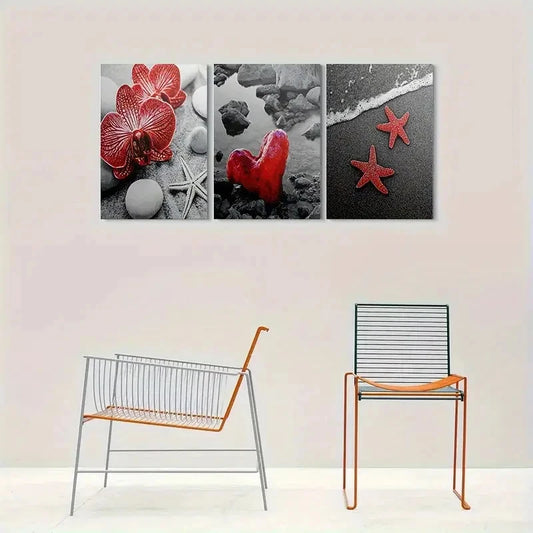 3pcs Beach Themed Red Starfish Heart and Orchid Metal Print Ready to Hang Art