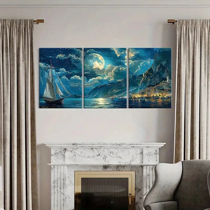 3pcs Moonlit Night Sailing Coastal Landscape Metal Print Ready to Hang Art