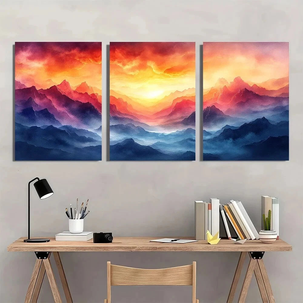 3pcs Abstract Rainbow Mountain Sunset Metal Print Ready to Hang Art