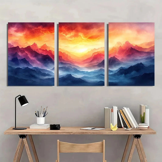3pcs Abstract Rainbow Mountain Sunset Metal Print Ready to Hang Art