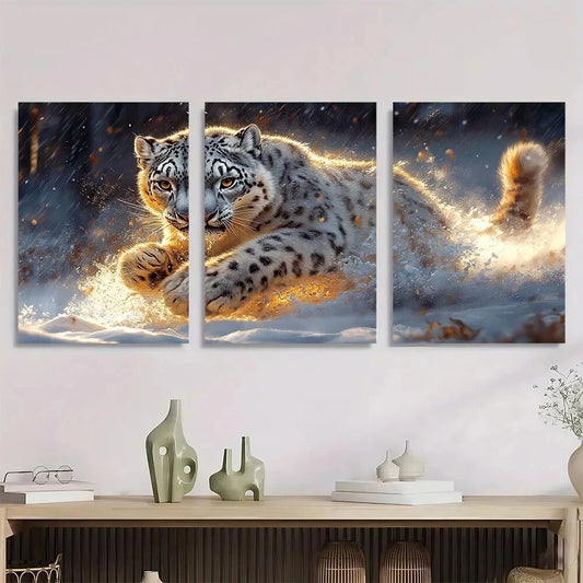 3pcs Animal Series Snow Leopard Pouncing Metal Print Ready to Hang Art