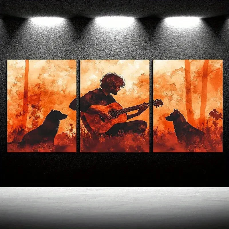 3pcs Vibrant Guitar Player & Dog Rustic Design Metal Print Ready to Hang Artc
