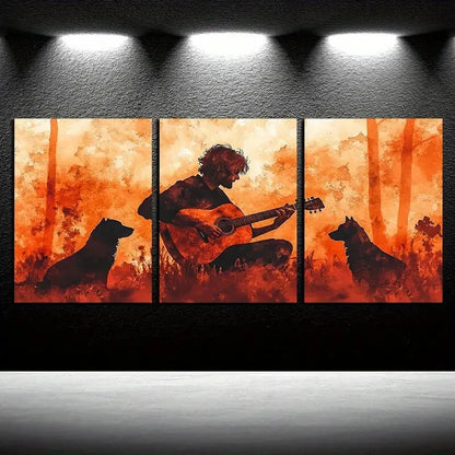 3pcs Vibrant Guitar Player & Dog Rustic Design Metal Print Ready to Hang Artc