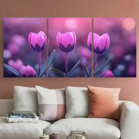 3pcs Small Purple Pink Flower Buds Metal Print Ready to Hang Art