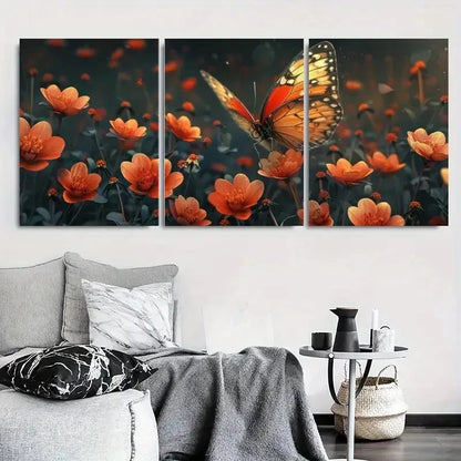 3pcs Butterfly and Orange Flowers Metal Print Ready to Hang Art