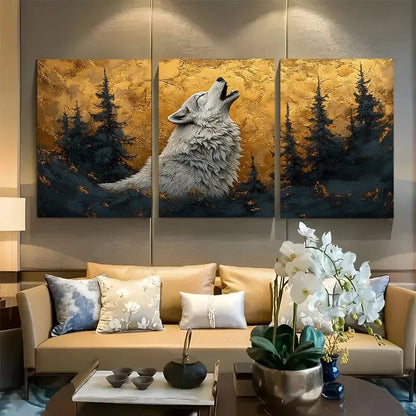 3pcs Silvery Wolf Howling Surreal Magic Metal Print Ready to Hang Art