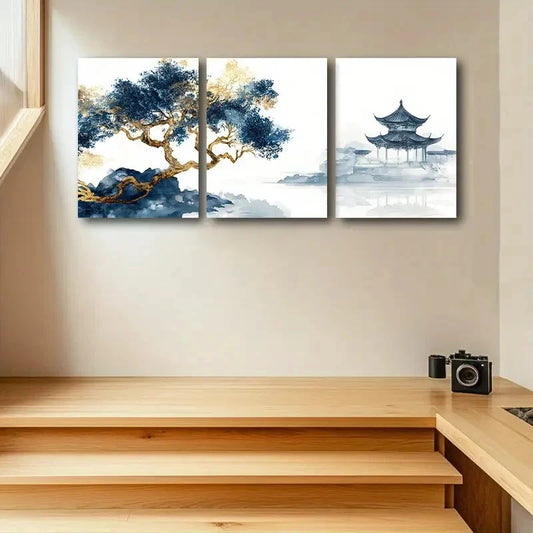 3pcs Tranquil Blue & Golden Tree Metal Print Ready to Hang Art