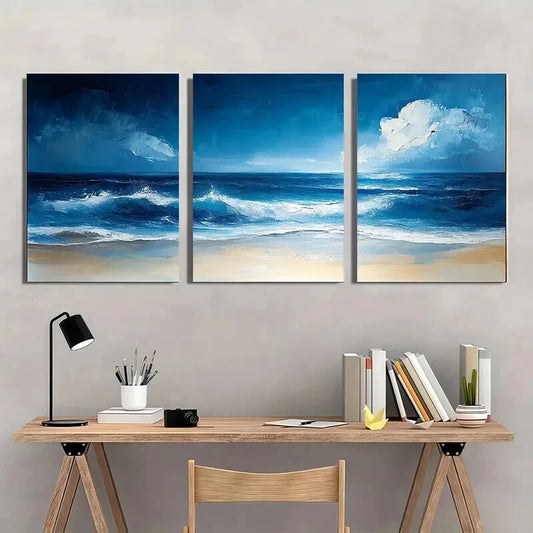 3pcs Blue Ocean Waves with Sandy Shoreline Metal Print Ready to Hang Art