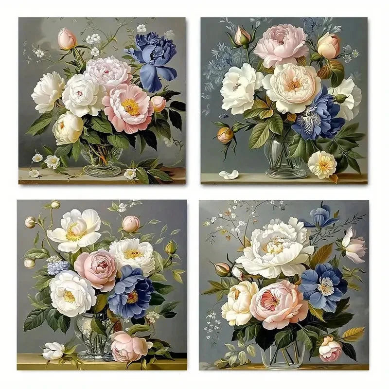 4pcs Rose Different Flower Arrangements Wall Art Canvas Framed
