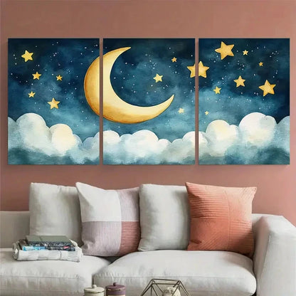 3pcs Crescent Moon Stars Kids Room Watercolor Metal Print Ready to Hang Art