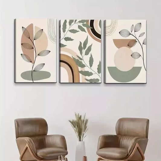 3pcs  Modern Minimalist Green Plant & Geometric Wall Art Set Canvas Framed 50x70cm - High Quality Print 100% Australian Made Wall Canvas Ready to Hang