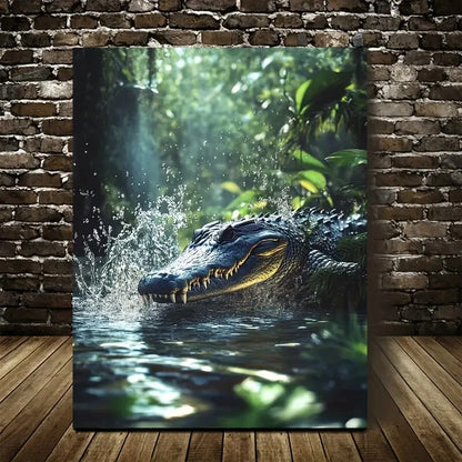 Crocodile Splashing in Water in a Magical Forest 40x60cm Metal Print Ready to Hang