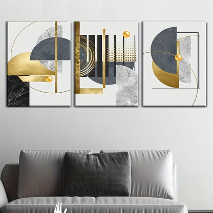 3pcs Featuring Abstract Shapes in Golden And Black Metal Print Ready to Hang Art