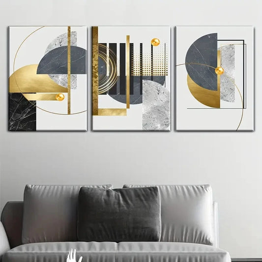 3pcs Featuring Abstract Shapes in Golden And Black Metal Print Ready to Hang Art