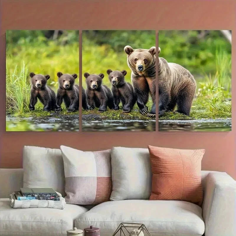 3pcs Mother Bear Cubs Woodland Habitat Metal Print Ready to Hang Art