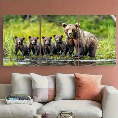 3pcs Mother Bear Cubs Woodland Habitat Metal Print Ready to Hang Art