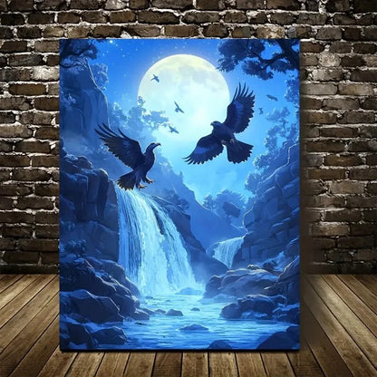 Enchanting Hawk & Moonlight Waterfall Painting 40x60cm Metal Print Ready to Hang