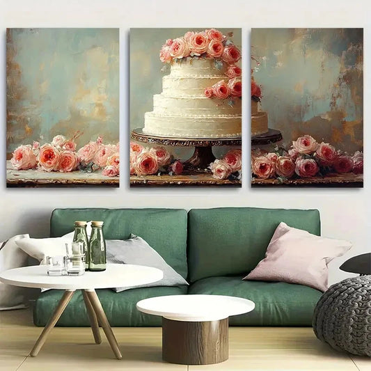 3pcs Wedding Cake Decorated with Pink Florals Metal Print Ready to Hang Art