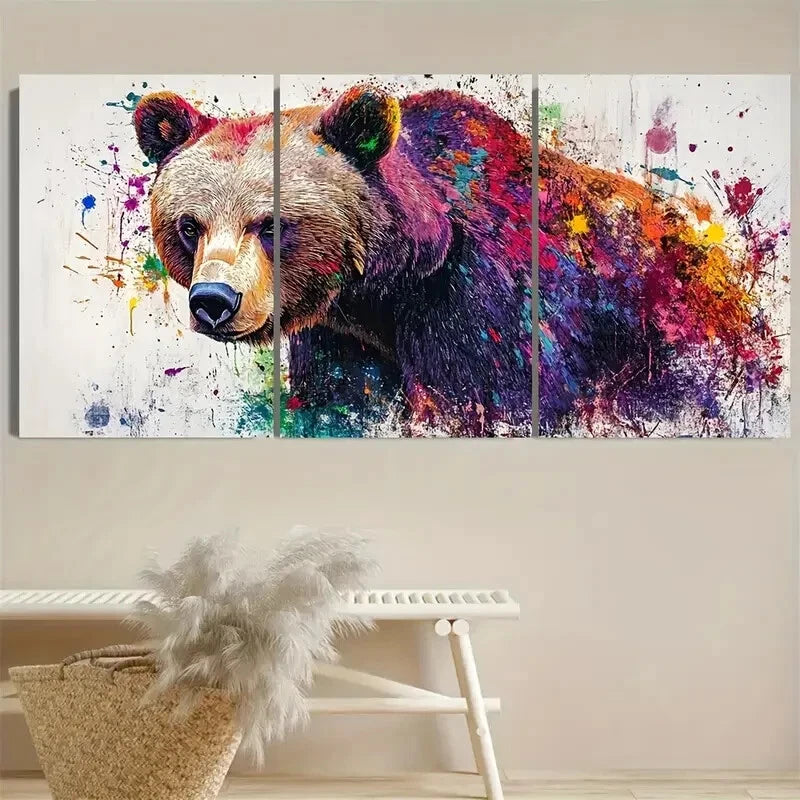 3pcs Vibrant Grizzly Bear Animal Splatter Metal Print Ready to Hang Art