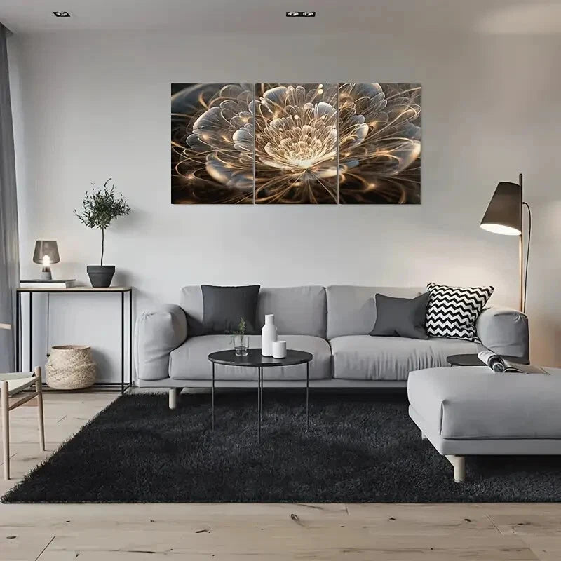 3pcs Abstract Floral Accents Vibrant Golden Black Metal Print Ready to Hang Art