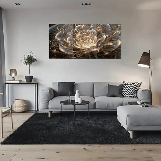 3pcs Abstract Floral Accents Vibrant Golden Black Metal Print Ready to Hang Art