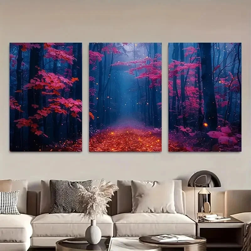 3pcs Pink and Blue Forest Dark Mystical Path Metal Print Ready to Hang Art