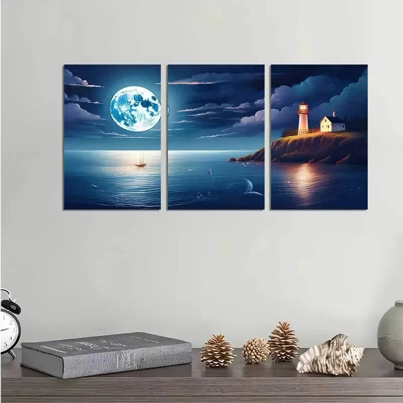 3pcs Blue Night Moonlit Seascape Metal Print Ready to Hang Art