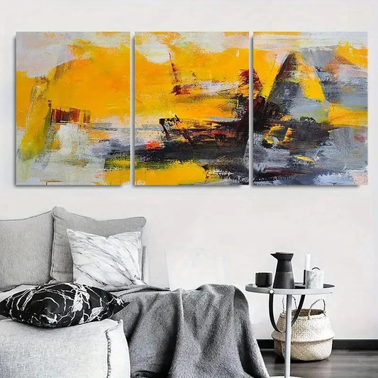 3pcs Modern Abstract Geometric Vibrant Yellow Metal Print Ready to Hang Art
