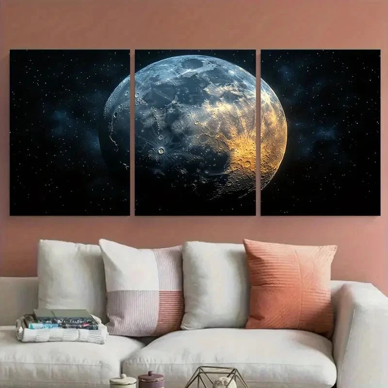 3pcs Detailed Lunar Surface with Stars Design Metal Print Ready to Hang Art