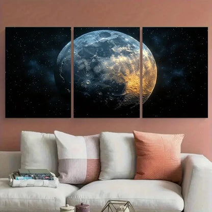 3pcs Detailed Lunar Surface with Stars Design Metal Print Ready to Hang Art