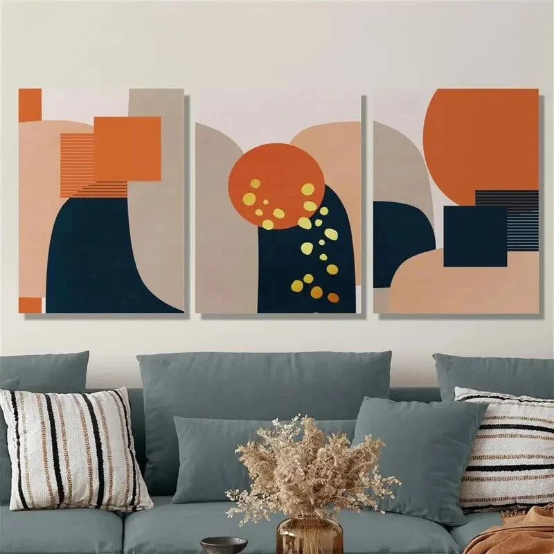 3pcs Geometric Shape Art Golden Dots Illustration Metal Print Ready to Hang Art