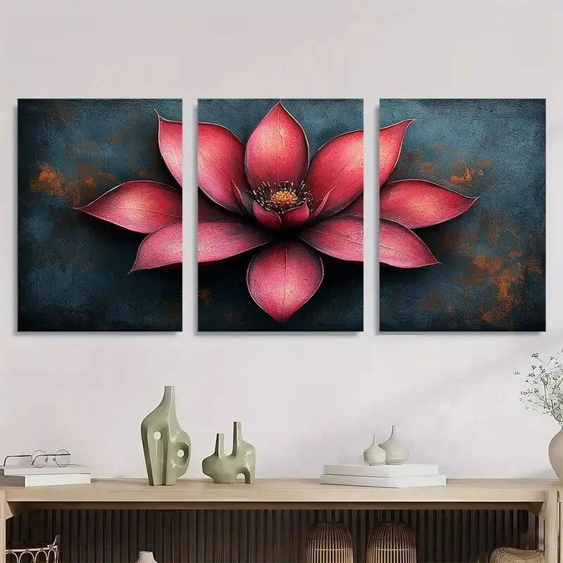 3pcs Vintage Neon Pink Flower Beautiful Metal Print Ready to Hang Art