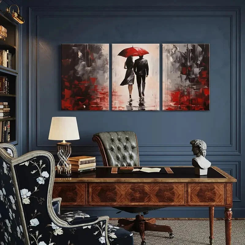 3pcs Red Umbrella Rainy Scene Romantic Couple Metal Print Ready to Hang Art