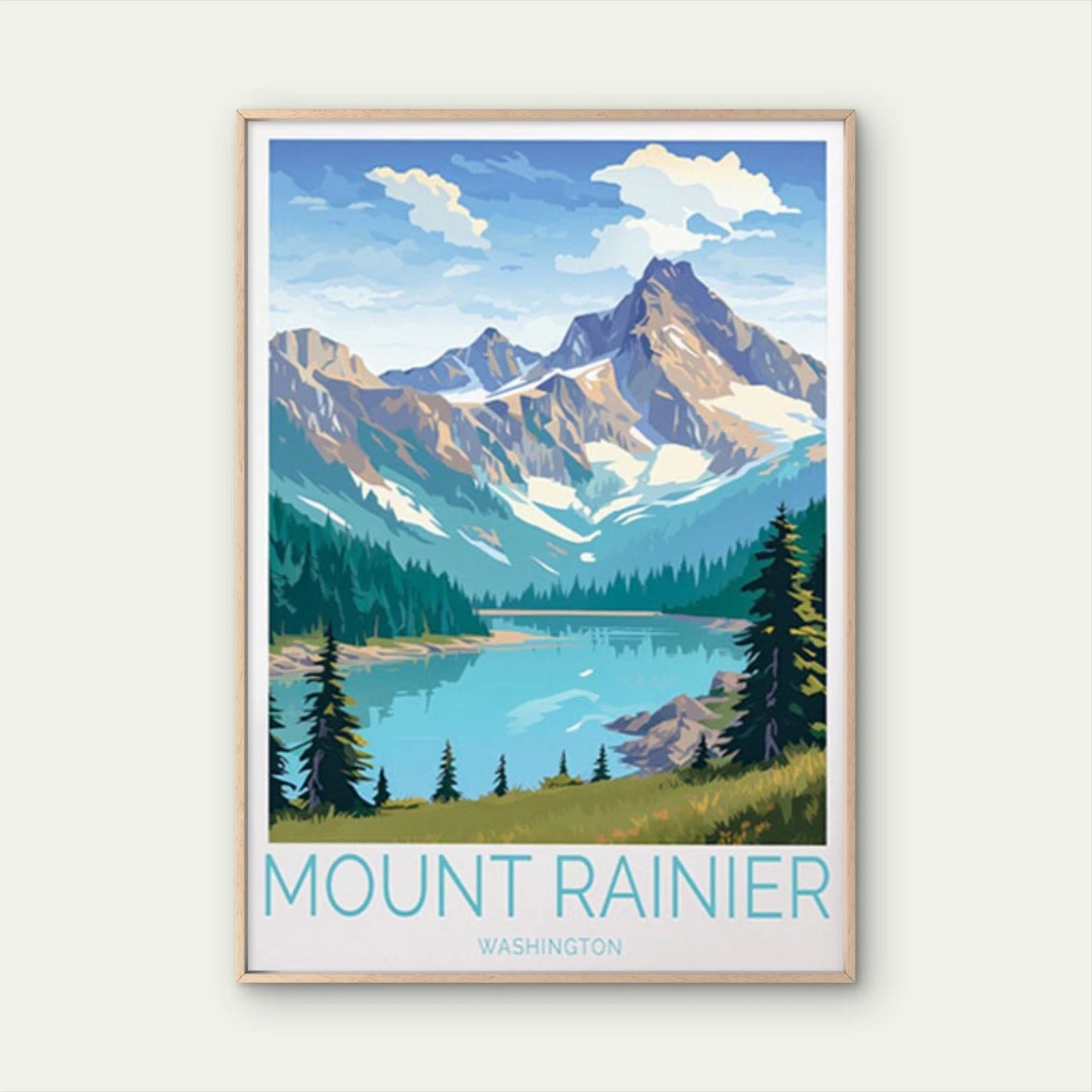 Mount Rainier Washington, River & Trees Travel Poster Print Wall Art