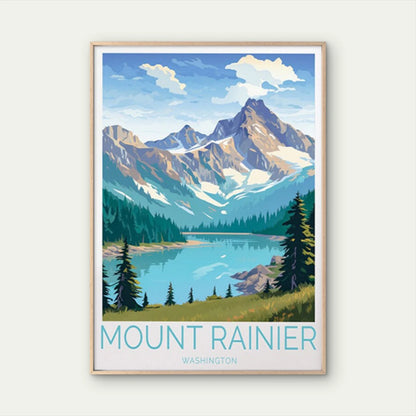 Mount Rainier Washington, River & Trees Travel Poster Print Wall Art