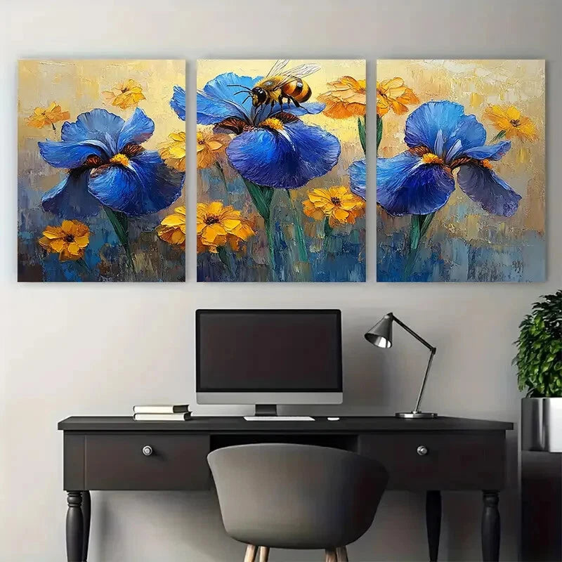 3pcs Rudbeckia Flowers Floral Impasto Honeybee Metal Print Ready to Hang Art