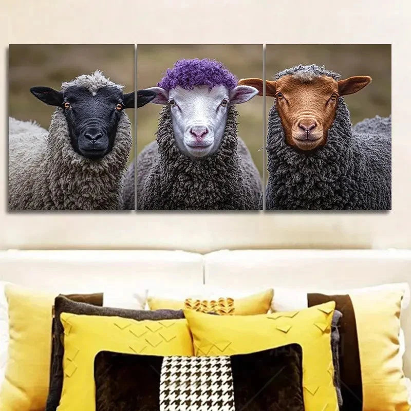 3pcs Sheep Portrait Painting Metal Print Ready to Hang Art