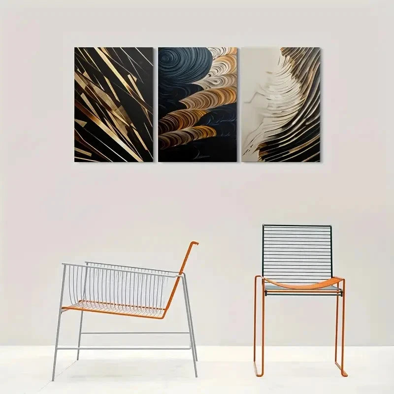 3pcs Minimalist Black Golden & White Metal Print Ready to Hang Art