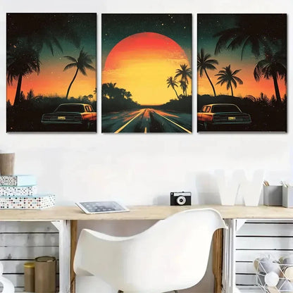 3pcs Retro Sunset Road with Palm Trees Perfect Wall Art Set Canvas Framed 40x60cm - High Quality Print 100% Australian Made Wall Canvas Ready to Hang
