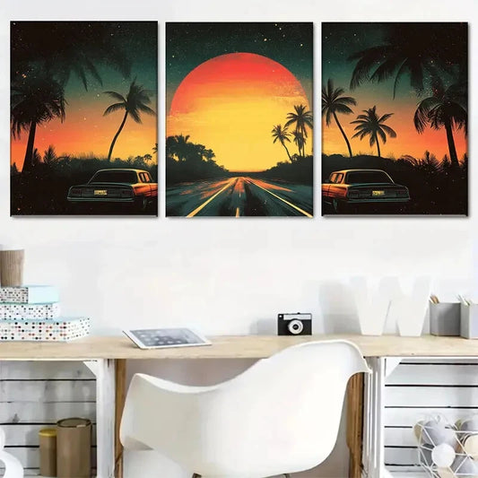 3pcs Retro Sunset Road with Palm Trees Perfect Wall Art Set Canvas Framed 40x60cm - High Quality Print 100% Australian Made Wall Canvas Ready to Hang