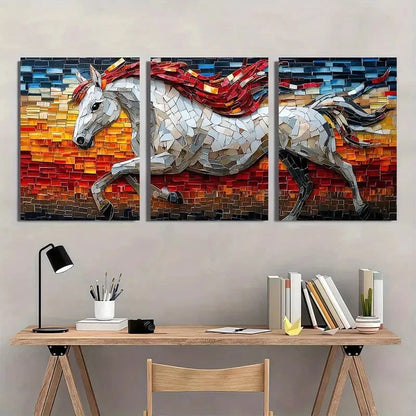 3pcs Mosaic Horse Vibrant Blue Red & Golden Wall Art Set Canvas Framed 50x70cm - High Quality Print 100% Australian Made Wall Canvas Ready to Hang
