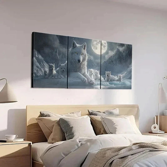 3pcs Majestic White Wolf with Yellow Eyes Wall Art Set Canvas Framed 40x60cm - High Quality Print 100% Australian Made Wall Canvas Ready to Hang