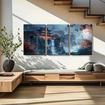 3pcs Waterfall & Traditional Architecture Metal Print Ready to Hang Art