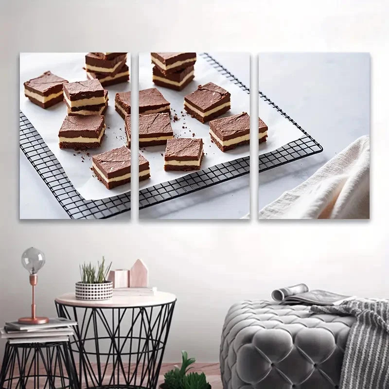 3pcs Brownies on Wire Rack Food Art Wall Art Set Canvas Framed 50x70cm - High Quality Print 100% Australian Made Wall Canvas Ready to Hang