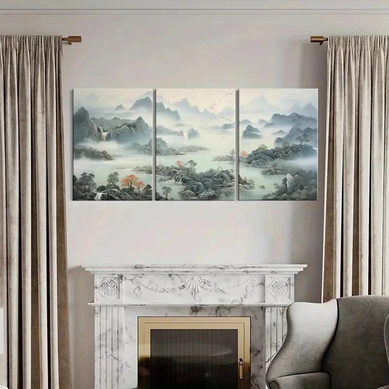 3pcs Serene Chinese Traditional Landscape Metal Print Ready to Hang Art