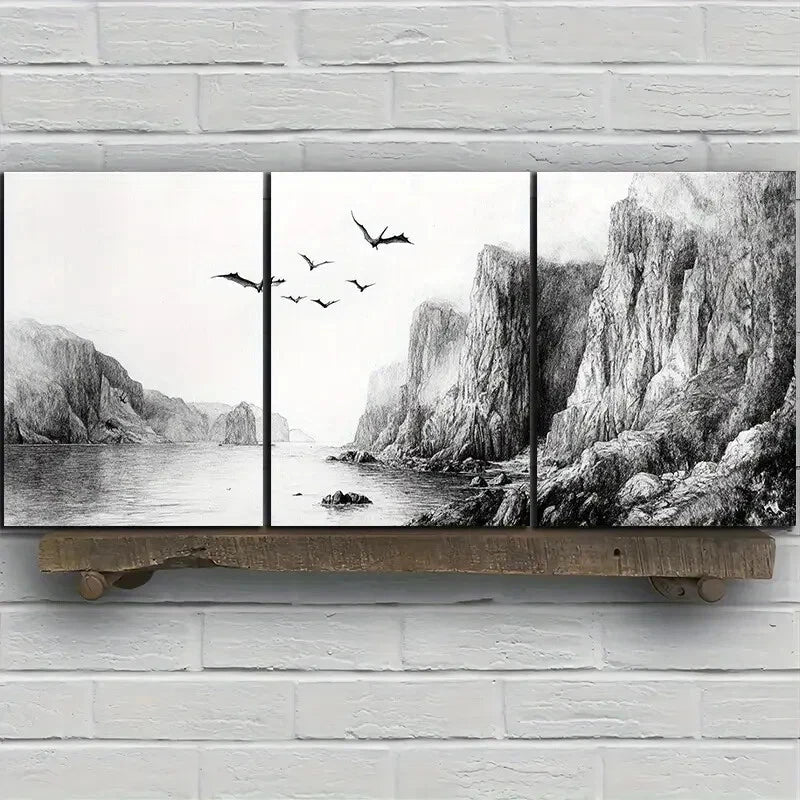 3pcs Dragons Flying on the Coast Metal Print Ready to Hang Art