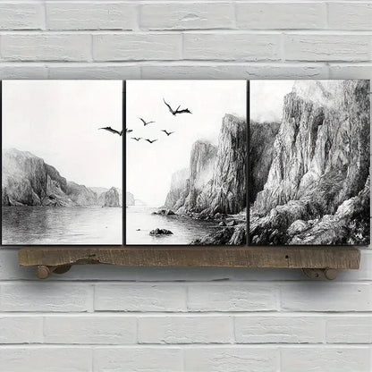 3pcs Dragons Flying on the Coast Metal Print Ready to Hang Art