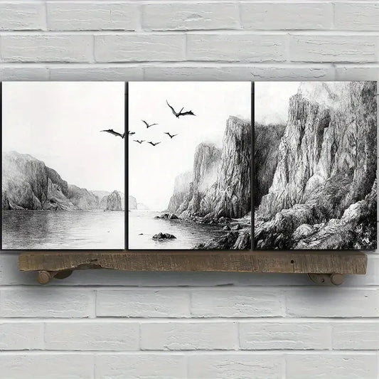 3pcs Dragons Flying on the Coast Metal Print Ready to Hang Art